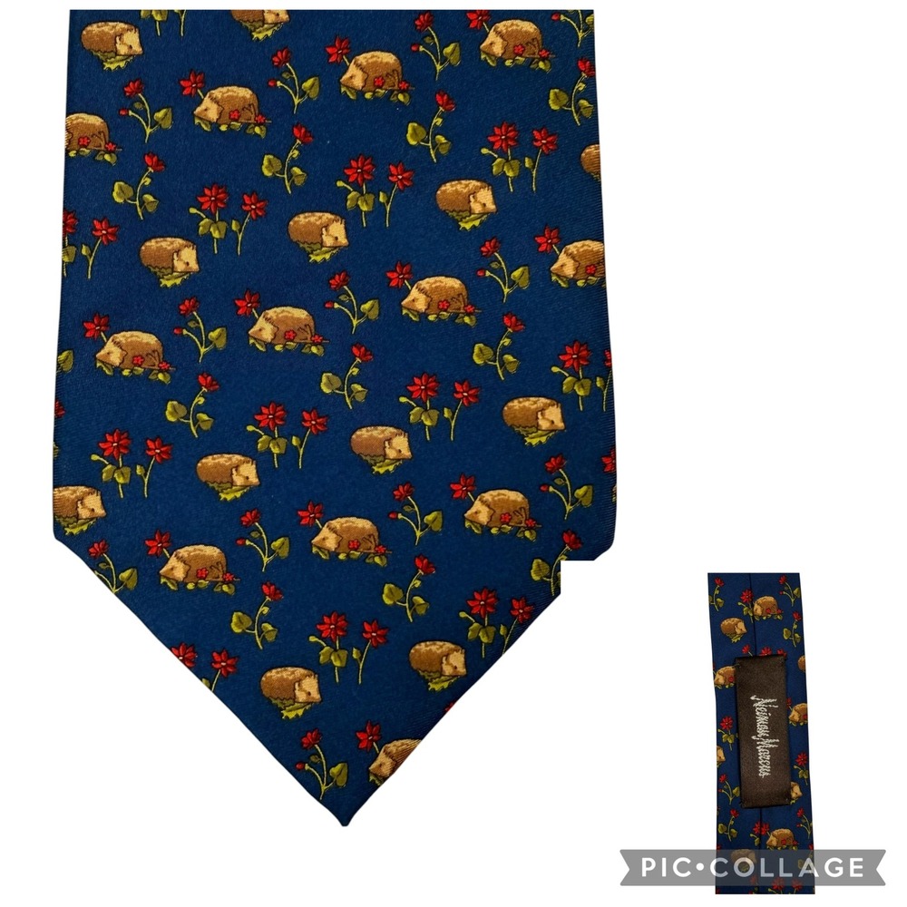 Neiman Marcus Mens Silk Tie Navy Blue Hedgehog Floral Print Hand Made Spain 58"